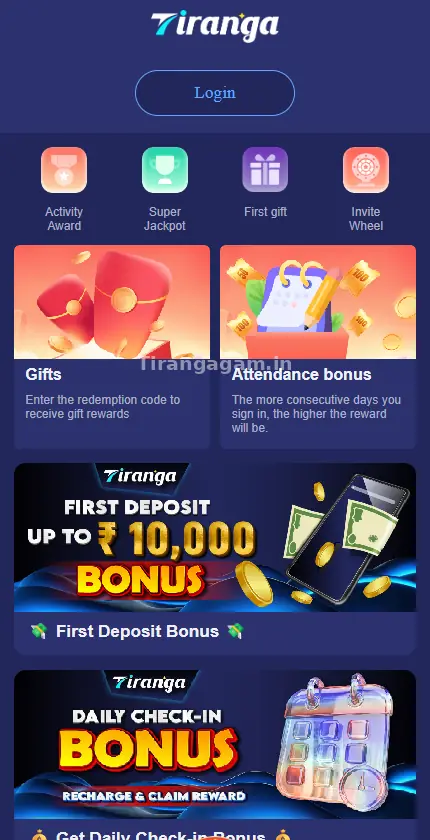Tiranga Activity page with reward icons and banners for First Deposit Bonus, Daily Check-in and Aviator promotions