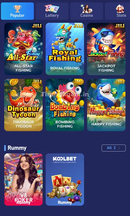 Tiranga Fishing games such as All-Star Fishing, Royal Fishing and Jackpot Fishing, and the Rummy section with V8 Poker