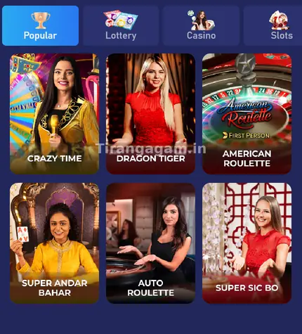 Tiranga Casino section with Crazy Time, Dragon Tiger, American Roulette, Super Andar Bahar, Auto Roulette and Super Sic Bo