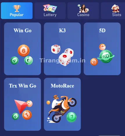 Tiranga Lottery section with Win Go, K3, 5D, Trx Win Go and MotoRace game tiles