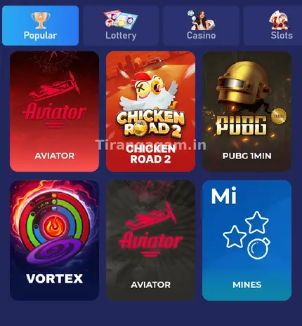 Tiranga Original games with Aviator, Chicken Road 2, PUBG 1MIN, Vortex and Mines tiles