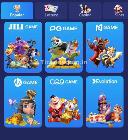Tiranga Slots section with provider tiles including JILI, PG, NG, MG, CQ9 and Evolution