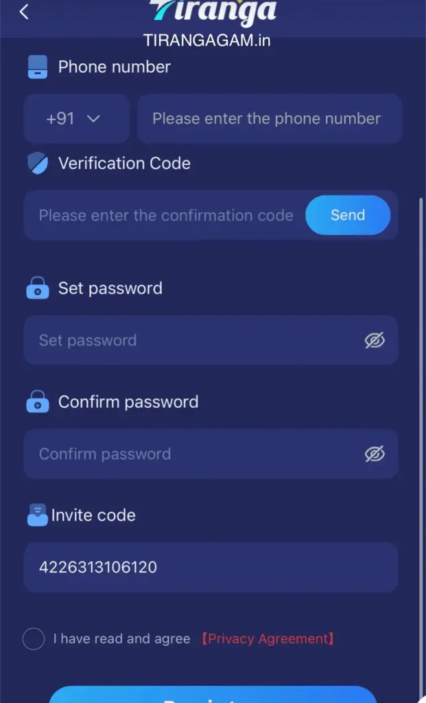 Tiranga Game register